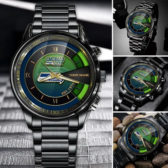 Discover Personalized Seattle Football Seahawkss Team Men Black Stainless Steel Watch