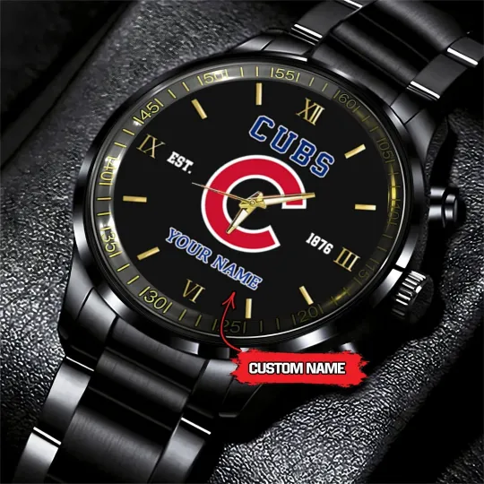 Discover Personalized Chicago Baseball Cubss Team Men Black Stainless Steel Watch Gift