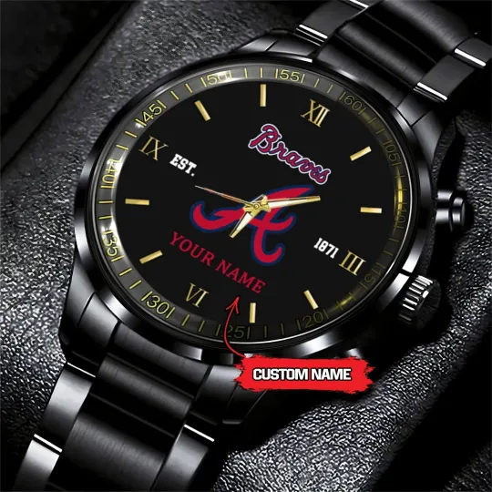 Discover Personalized Atlanta Baseball Bravess Team Men Black Stainless Steel Watch Gift