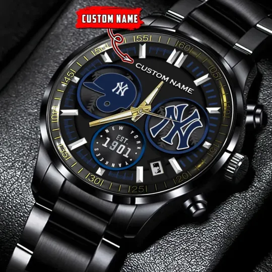 Discover Personalized New York Baseball Yankeess Team Men Black Stainless Steel Watch