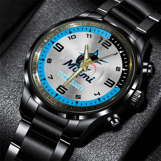 Discover Personalized Miami Baseball Marlinss Team Men Black Stainless Steel Watch Gift