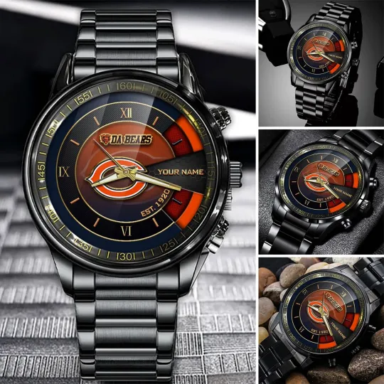 Discover Personalized Chicago Football Bearss Team Men Black Stainless Steel Watch Gift