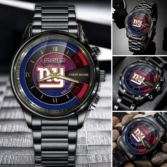 Discover Personalized New York Football Giantss Team Men Black Stainless Steel Watch Gift