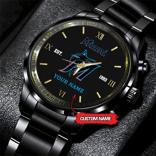 Discover Personalized Miami Baseball Marlinss Team Men Black Stainless Steel Watch Gift