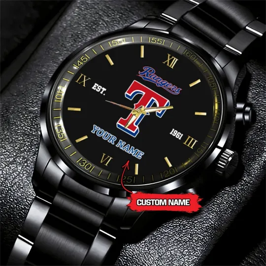 Discover Personalized Texas Baseball Rangerss Team Men Black Stainless Steel Watch Gift