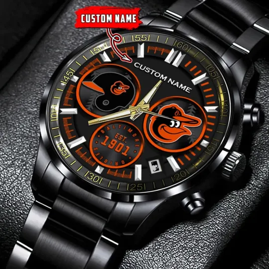 Discover Personalized Baltimore Baseball Orioless Team Men Black Stainless Steel Watch