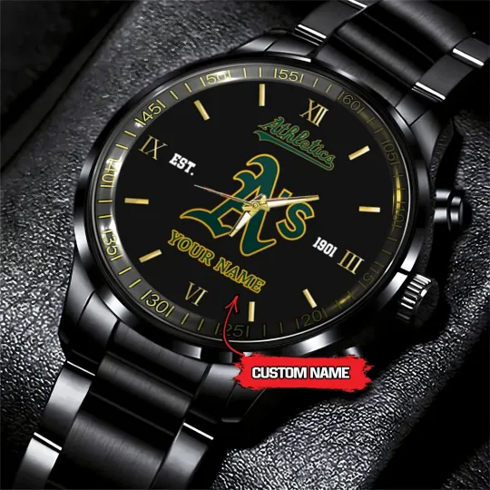 Discover Personalized Oakland Baseball Athleticss Team Men Black Stainless Steel Watch