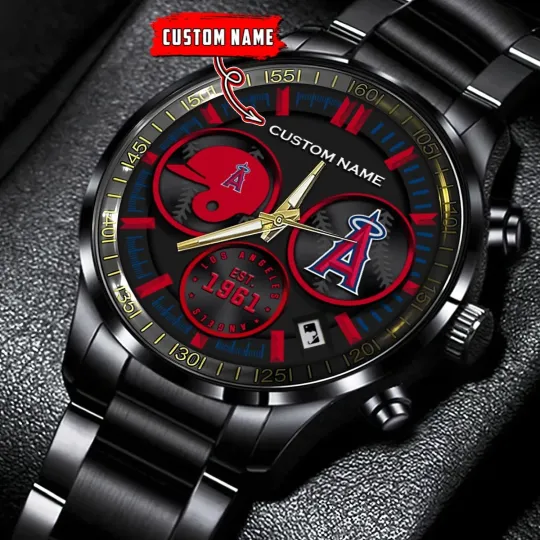 Discover Personalized Los Angeles Baseball Angelss Team Men Black Stainless Steel Watch