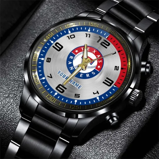 Discover Personalized Texas Baseball Rangerss Team Men Black Stainless Steel Watch Gift