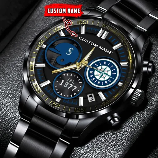 Discover Personalized Seattle Baseball Marinerss Team Men Black Stainless Steel Watch