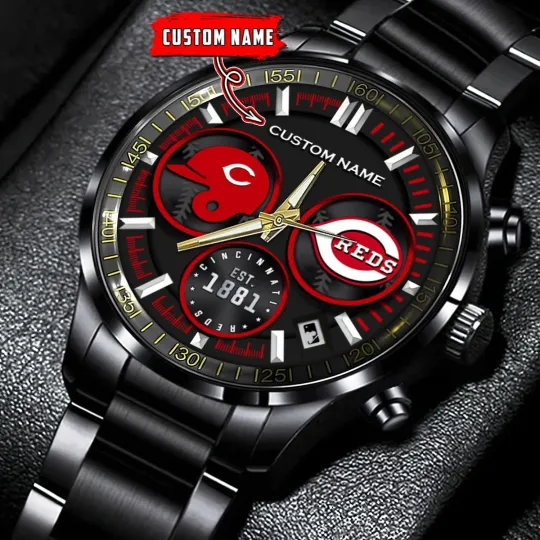 Discover Personalized Cincinnati Baseball Redss Team Men Black Stainless Steel Watch Gift