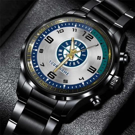 Discover Personalized Seattle Baseball Marinerss Team Men Black Stainless Steel Watch