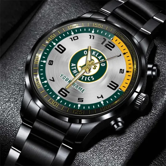 Discover Personalized Oakland Baseball Athleticss Team Men Black Stainless Steel Watch