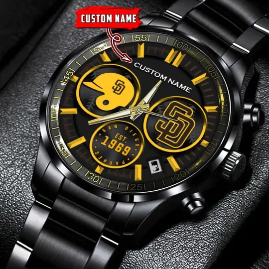 Discover Personalized San Diego Baseball Padress Team Men Black Stainless Steel Watch