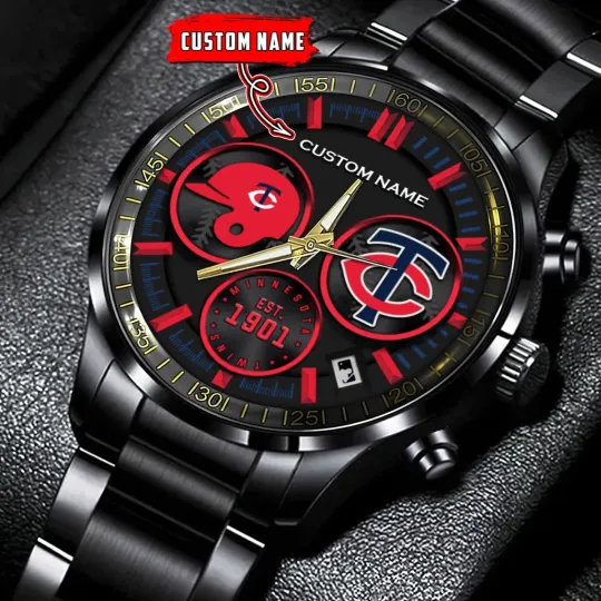 Discover Personalized Minnesota Baseball Twinss Team Men Black Stainless Steel Watch Gift