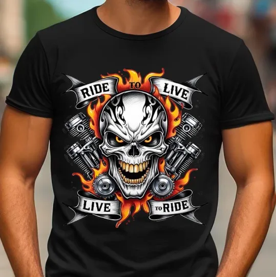 Discover Ride To Live Flaming Skull Inspired Men's T-Shirt Graphic Bike Tee