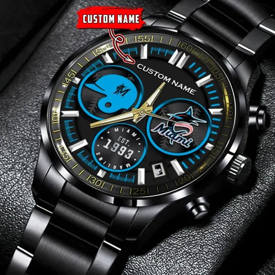 Discover Personalized Miami Baseball Marlinss Team Men Black Stainless Steel Watch Gift