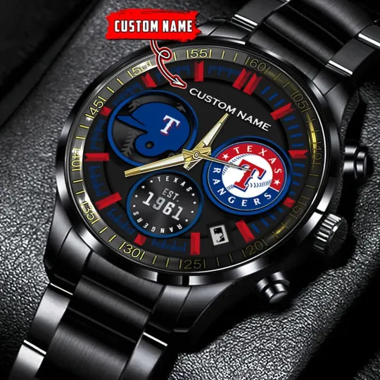 Discover Personalized Texas Baseball Rangerss Team Men Black Stainless Steel Watch Gift
