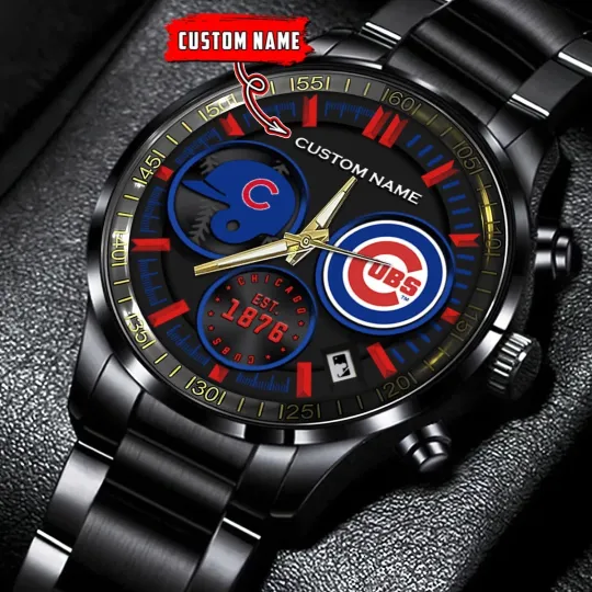 Discover Personalized Chicago Baseball Cubss Team Men Black Stainless Steel Watch Gift