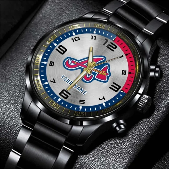 Discover Personalized Atlanta Baseball Bravess Team Men Black Stainless Steel Watch Gift