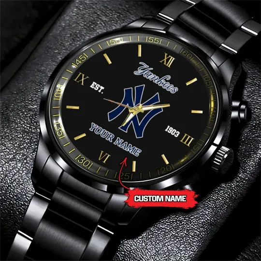 Discover Personalized New York Baseball Yankeess Team Men Black Stainless Steel Watch