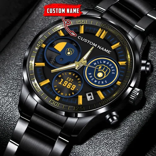 Discover Personalized Milwaukee Baseball Brewerss Team Men Black Stainless Steel Watch