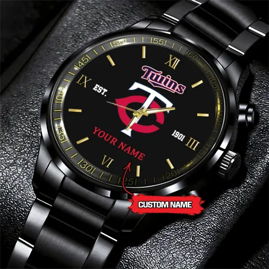 Discover Personalized Minnesota Baseball Twinss Team Men Black Stainless Steel Watch Gift