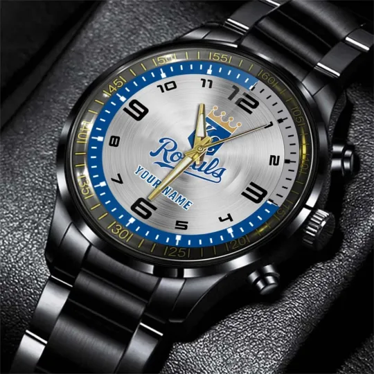 Discover Personalized Kansas City Baseball Royalss Team Men Black Stainless Steel Watch