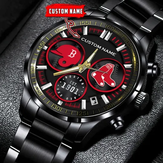 Discover Personalized Boston Baseball Red Soxx Team Men Black Stainless Steel Watch Gift
