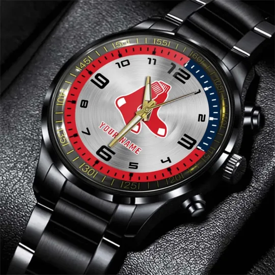 Discover Personalized Boston Baseball Red Soxx Team Men Black Stainless Steel Watch Gift