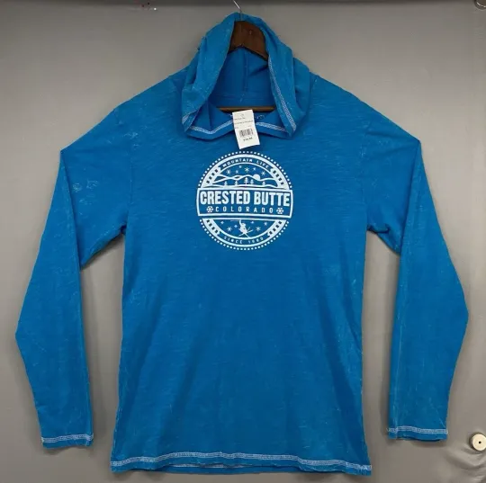 Discover Crested Butte Colorado TShirt Hoodie Womens L Blue Skiing Mountain Life MSRP $34