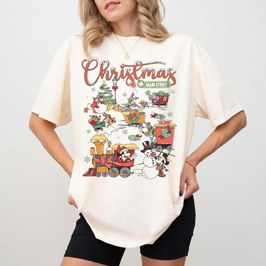 Discover Disney Train Christmas Shirt, Cute Mickey and Friends Christmas on Main Street Tee, Disneyland Holiday Family Trip Gifts, Chip n Dale Xmas