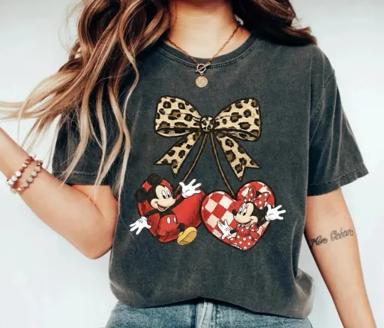 Coquette Bow Disney Mickey Minni Valentine Shirt Disney Couple