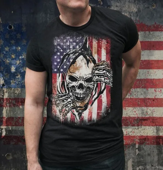 Discover Patriotic Skull Flag T-Shirt Top USA Custom- Black Sizes S-3XL