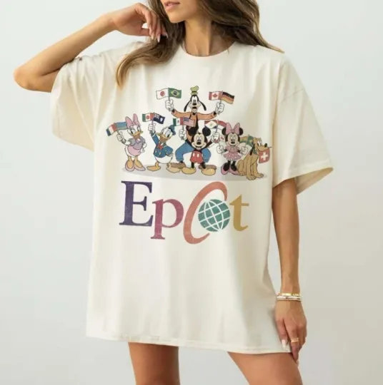 Discover Retro Epcot Mickey And Friend Flags of Nations Comfort Colors Shirt, ivory