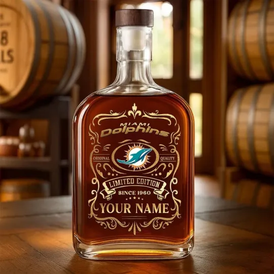 Discover Personalized Miami Football Dolphinss Team Whiskey Decanter Whiskey Bottle Gift
