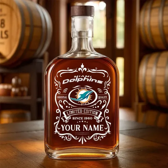 Discover Personalized Miami Football Dolphinss Team Whiskey Decanter Whiskey Bottle Gift