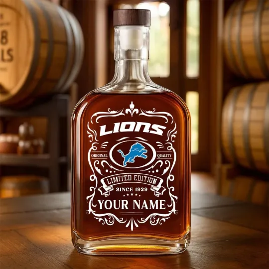 Discover Personalized Detroit Football Lionss Team Whiskey Decanter Whiskey Bottle Gift