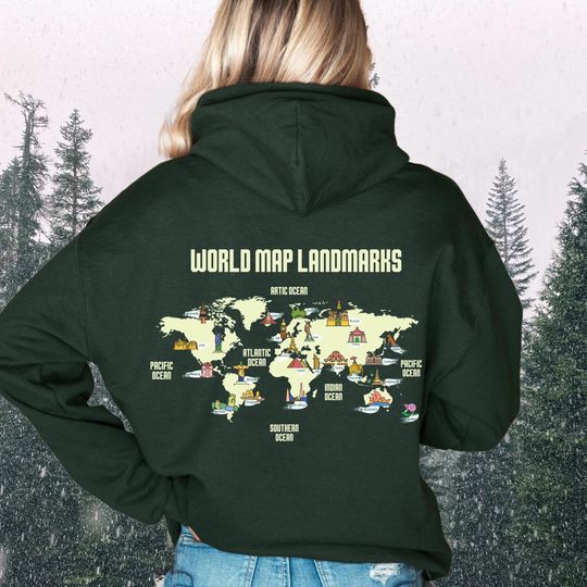 Discover Travel Hoodie, World Map Landmark Sweatshirt, Nature Lover Hoodie, Gift for Traveler, Granola Girl, World Landmarks, Adventure Hoodie