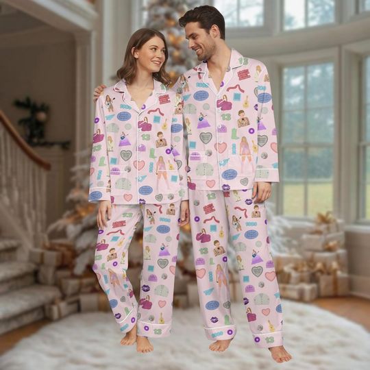 Discover Pop Star Thick Pajama Set, Pink Long Sleeve Sleepwear, Xmas Gift For Fans, Cozy Loungewear For Holiday Morning, Celebrity-Themed Gift