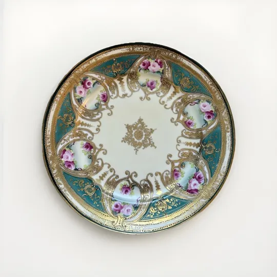Discover Antique Nippon C1891 Plate Pink Roses Teal Gilt Noritake Maple Leaf Art Nouveau