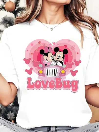 Discover Disney T-Shirt Mickey And Minnie In Pink Car  Men Women Unisex #4