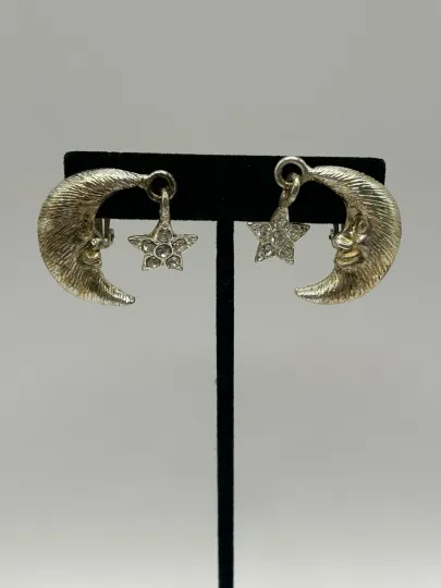 Discover Vintage Moon & Star Clip On Earrings Silver Tone Celestial Dangle Costume