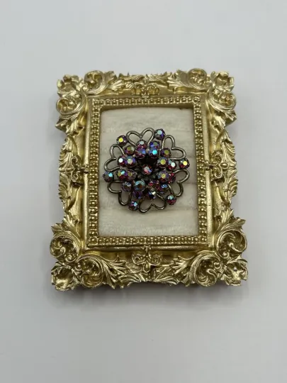 Discover Vintage AB Rhinestone Flower Dome Brooch Silver Tone Openwork Hearts Pin Red Fun