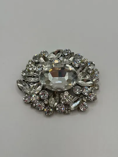 Discover Vintage Oval Clear Rhinestone Statement Brooch Silver Tone Costume Jewelry Pin