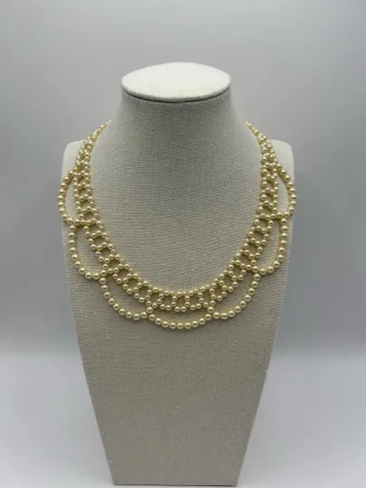 Discover Avon 1987 Pearlized Lace Necklace Faux Pearl Beaded Bib Vintage Jewelry