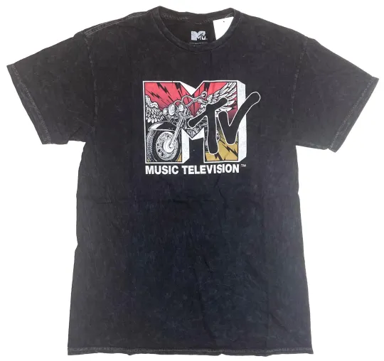 Discover MTV Music Television Classic Motorcycle Logo Men's Black Acid Wash T-Shirt New