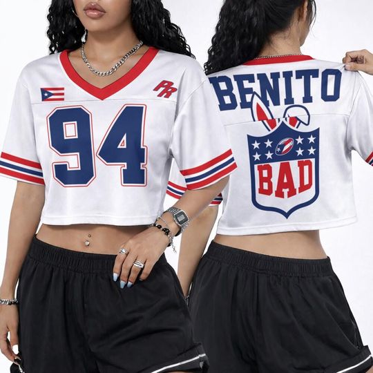 Discover Benito Crop Top Mesh Football Jersey Benito 94 Crop Top Football Jersey Puerto Rico Flag Crop Top Football Shirt Half Time Show Crop Top Tee