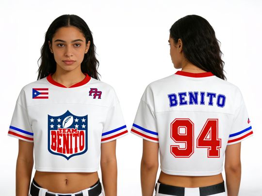 Discover Personalized Benito Crop Top Mesh Football Jersey, Puerto Rico Flag Crop Top Football Jersey Shirt,Gift for Unisex,Game Day Outfit Gift Idea