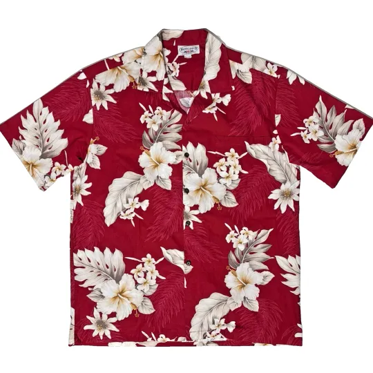 Discover Pacific Legend Hawaiian Aloha Shirt Made in Hawaii Red Hibiscus Floral Men Sz. L